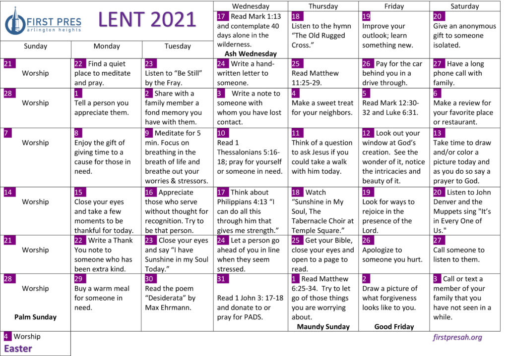 Lent Calendar First Presbyterian Church of Arlington Heights