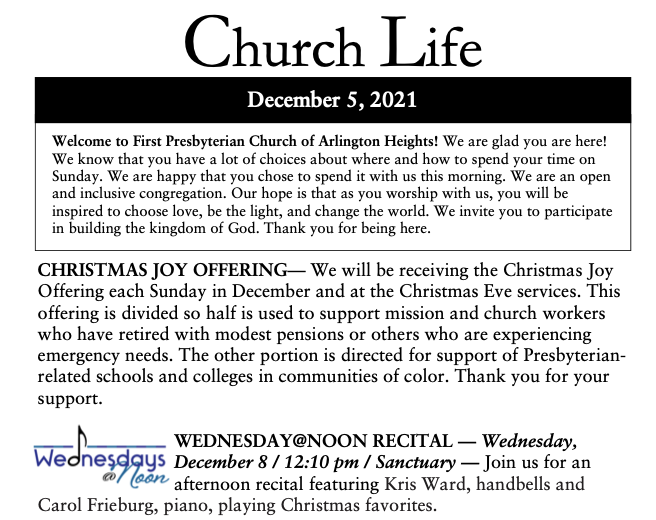 Church Life, Dec 5, 2021 - First Presbyterian Church of Arlington Heights